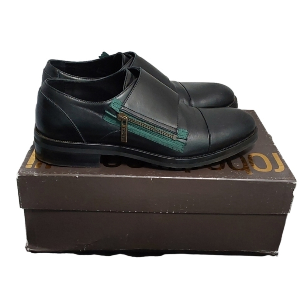 ROBERTO CAVALLI BLACK & GREEN MEN'S BROGUE‎ SLIDE ON DRESS SHOES SIZE 42 ITALIAN